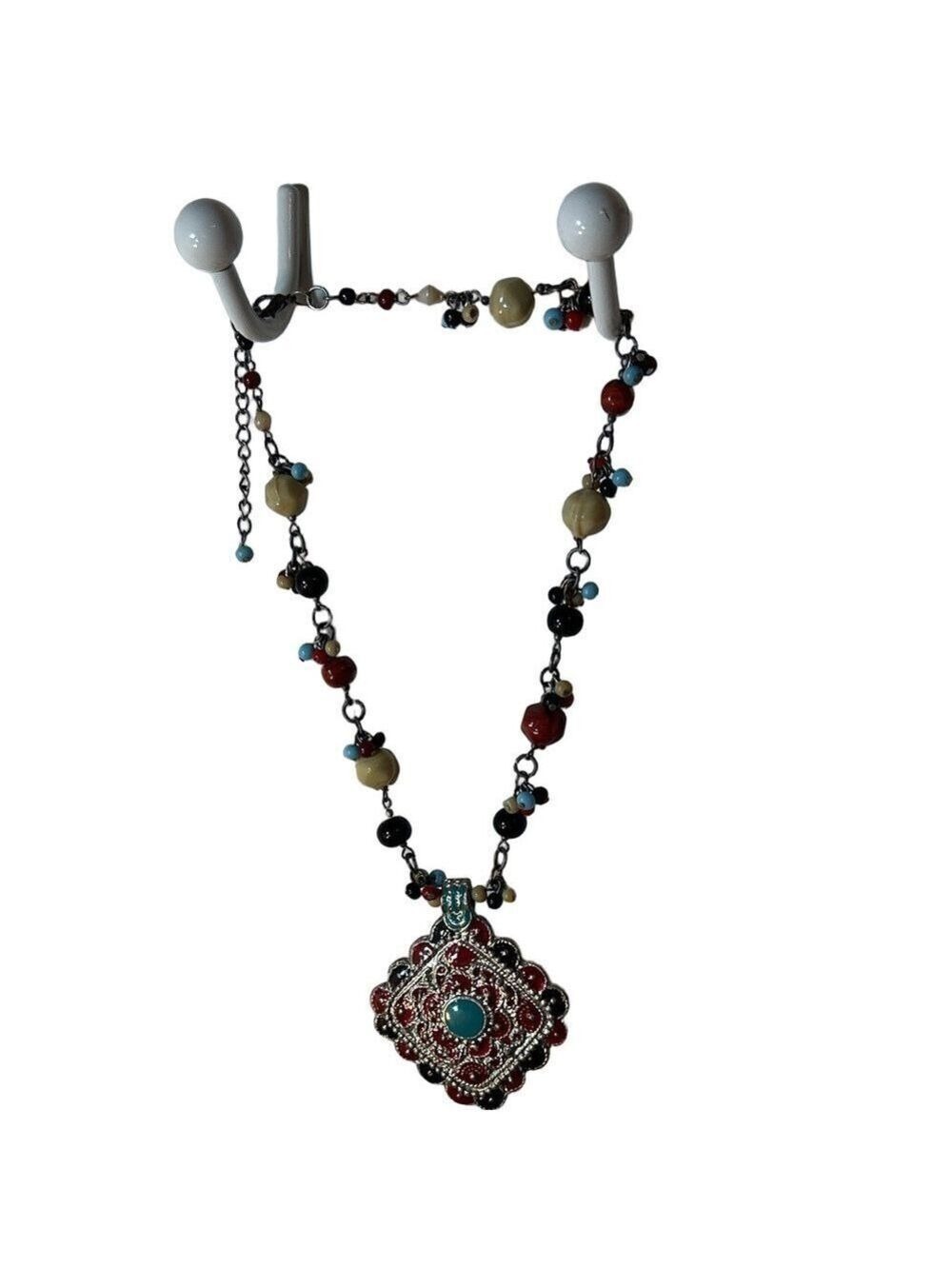 Boho Beaded Necklace with Ornate Red and Turquoise Pendant